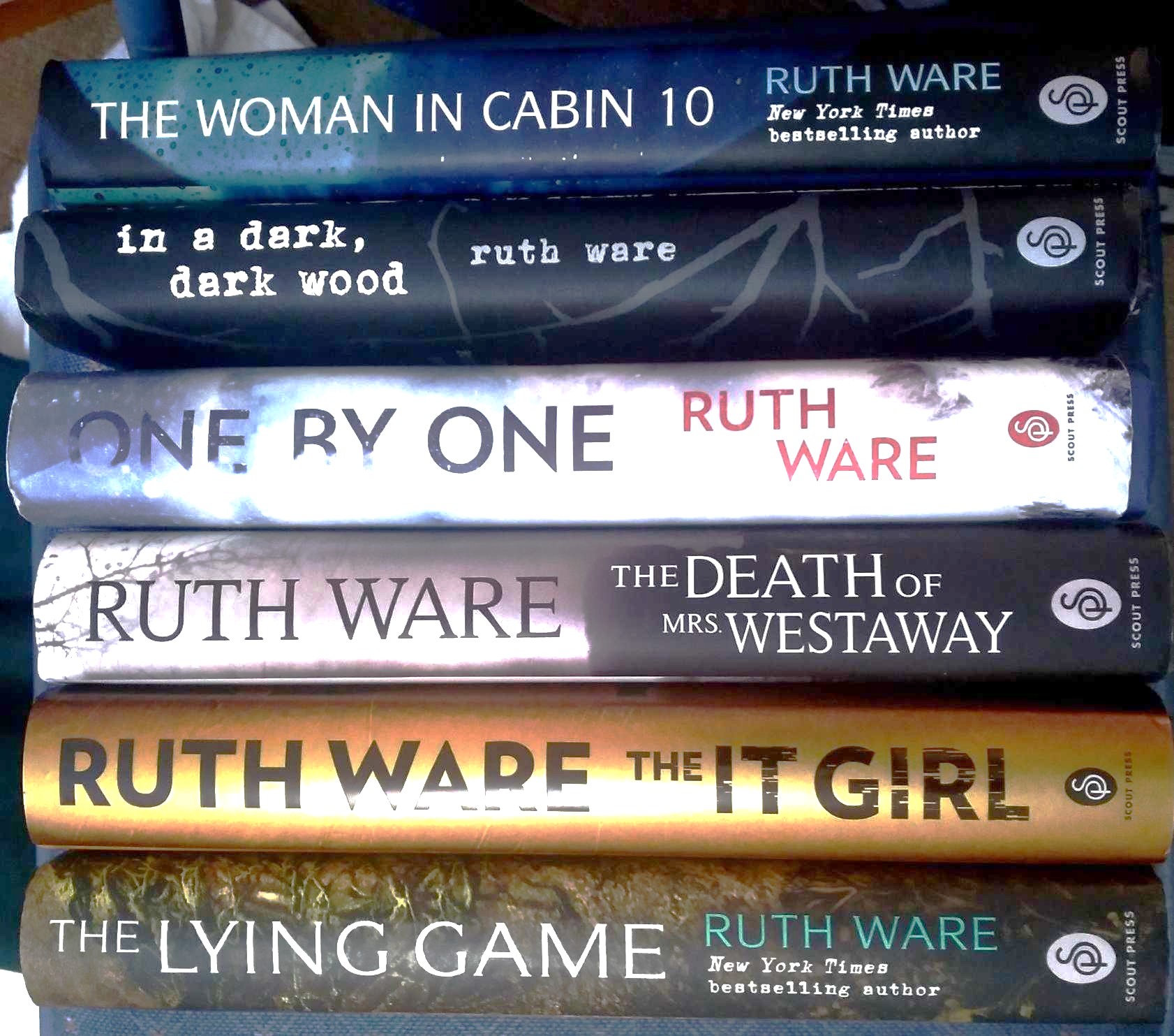 A lot of six (6) Ruth Ware mysteries: The Woman in Cabin 10; in a dark, dark wood; One by One; The Death of Mrs. Westaway; The It Girl; The Lying Game