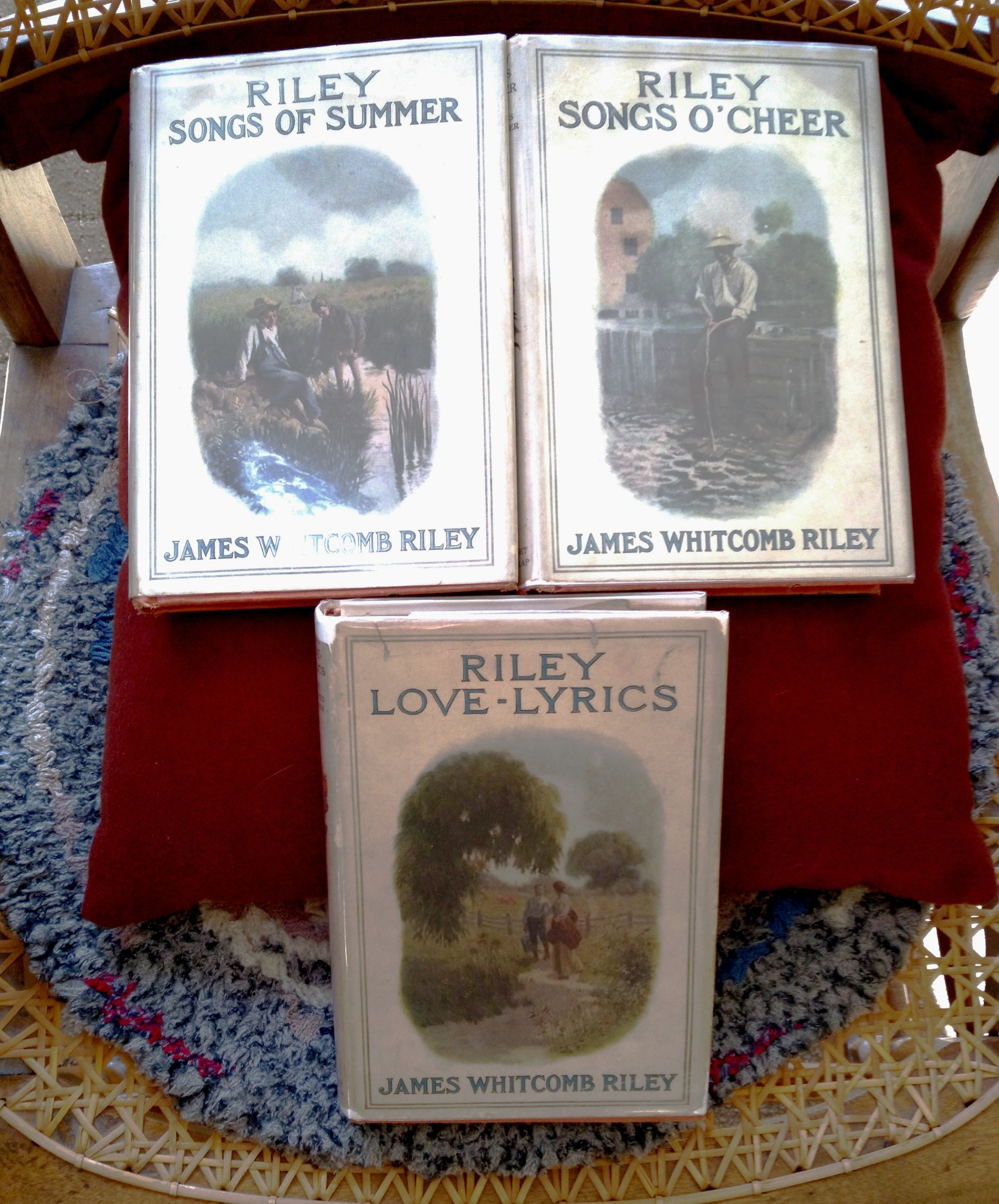 A lot of three (3) James Whitcomb Riley tomes: Riley Songs O'Cheers; Riley Love-Lyrics; Riley Songs of Summer