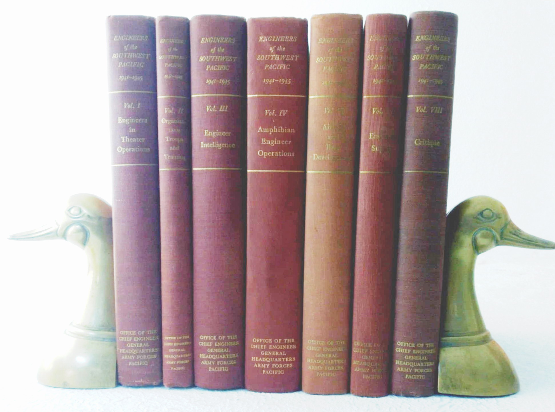A lot of seven (7) volumes of Engineers in Theater Operations: Volume 1: Engineers of the Southwest Pacific 1941-1945; Volume II: Organizations, Troops and Training; Volume III: Engineer Intelligence; Volume IV: Amphibian Operations; Volume VI: Airfield and Base Development; Volume VII: Engineer Sup