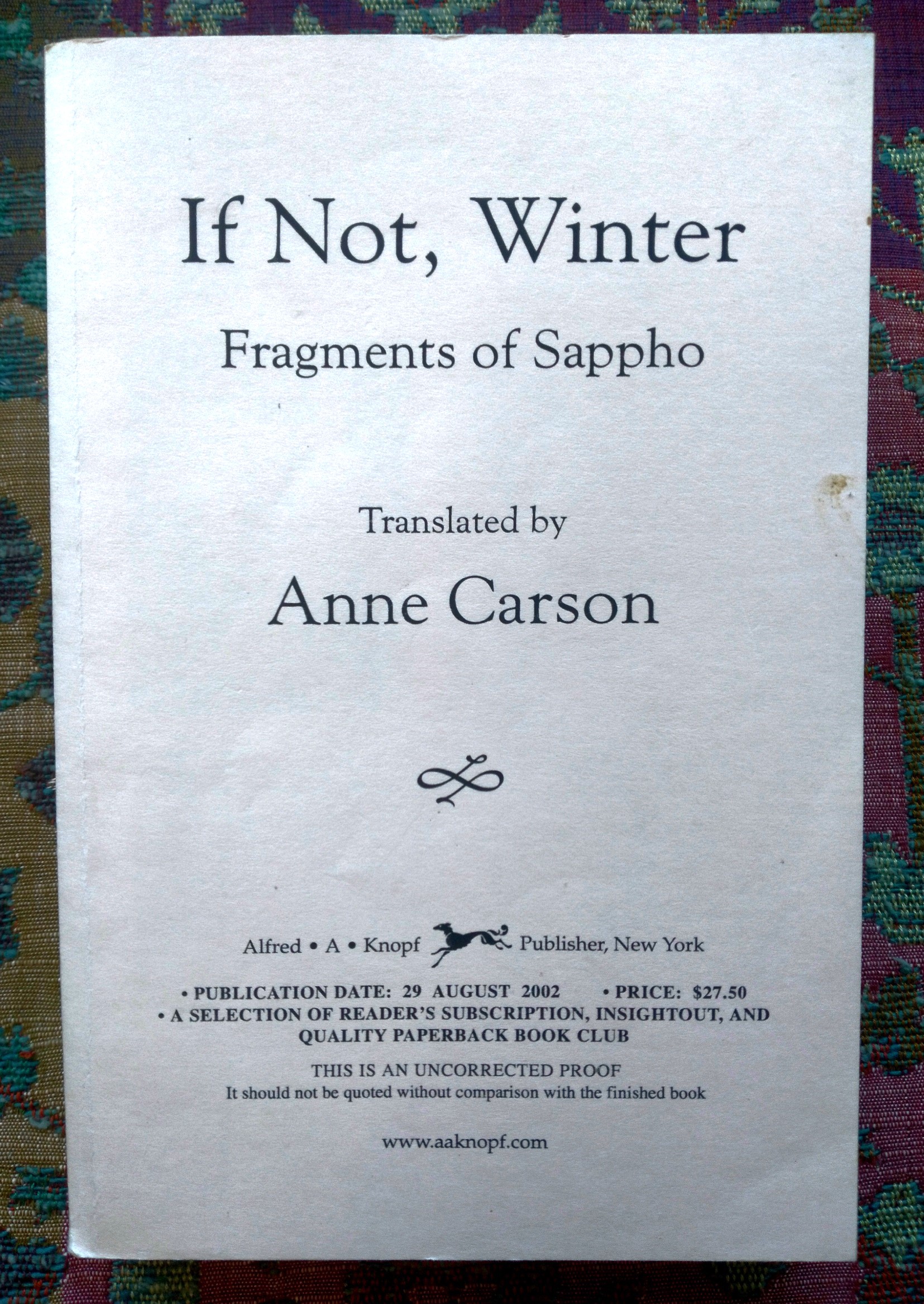If Not, Winter: fragments of Sappho