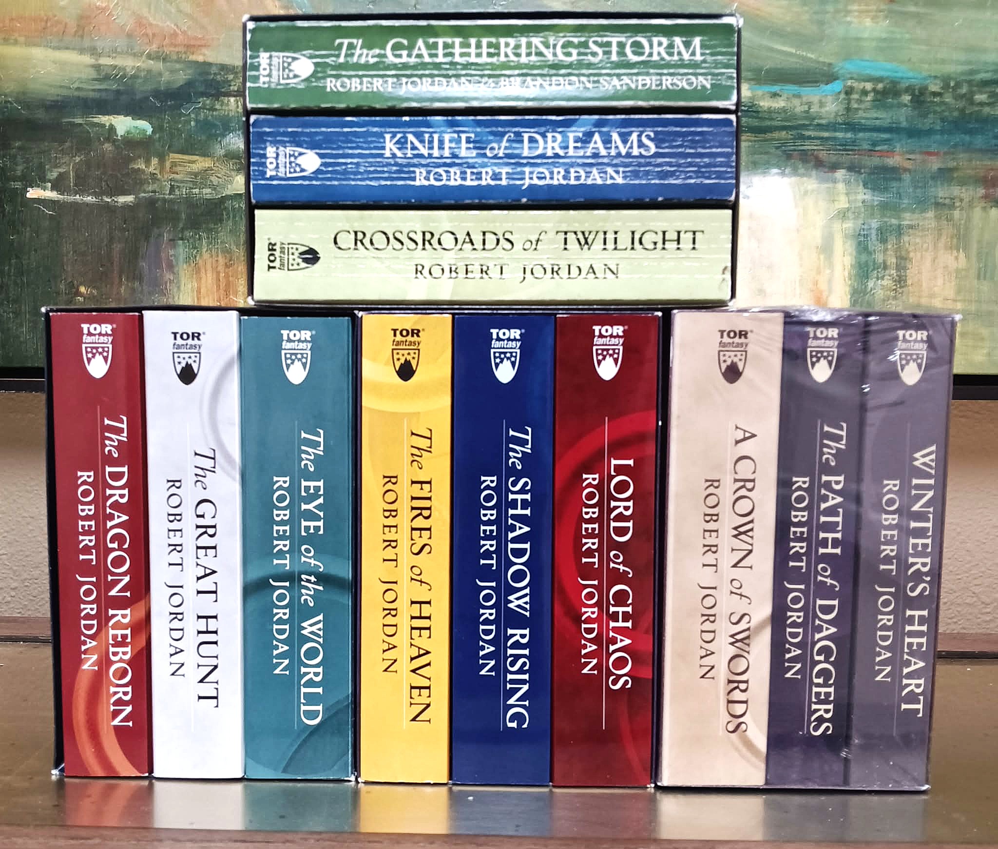 The Wheel of Time, four boxed sets: Boxed set 1: The Eye of the World; The Great Hunt; The Dragon Reborn; Boxed Set 2: The Shadow Rising; The Fires of Heaven; Lord of Chaos; Boxed set 3: A Crown of Swords; The Path of Daggers; Winter's Heart; Boxed set 4: Crossroads of Twilight; Knife of Dreams; The