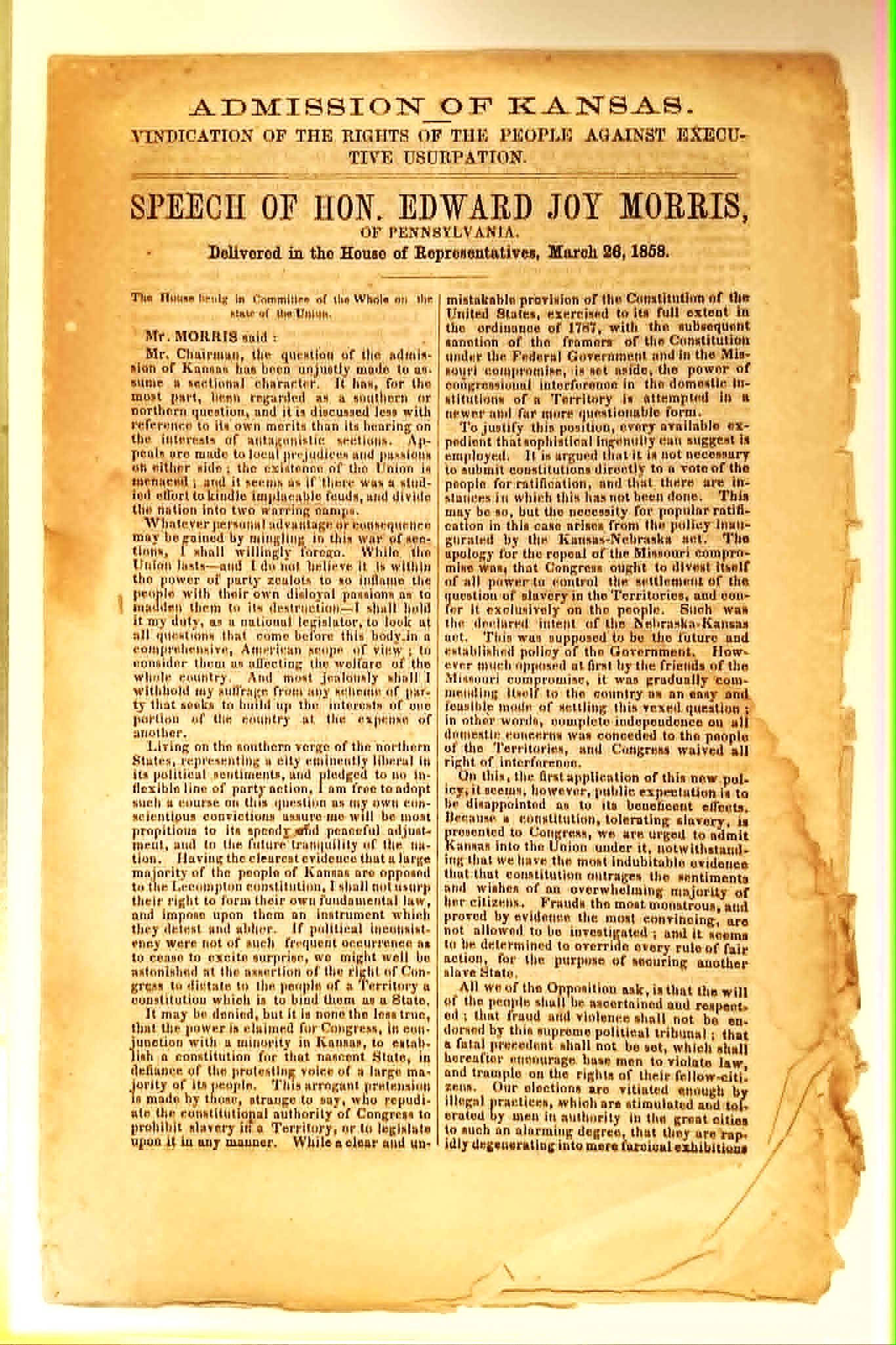 Speech of Hon. Edward Joy Morris, of Pennsylvania, Delivered in the House of Representative, March 26, 1858