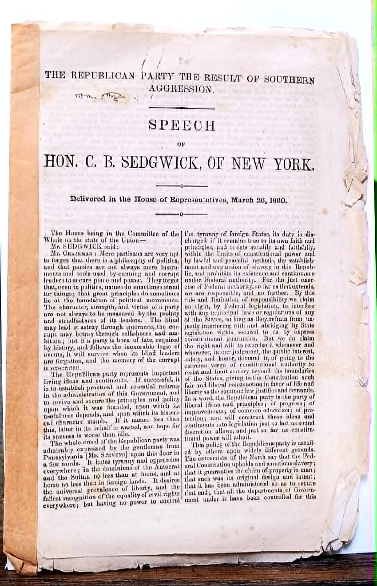 Speech of Hon. C.B. Sedgwick, of New York, delivered in the House of Representatives, March 26, 1860