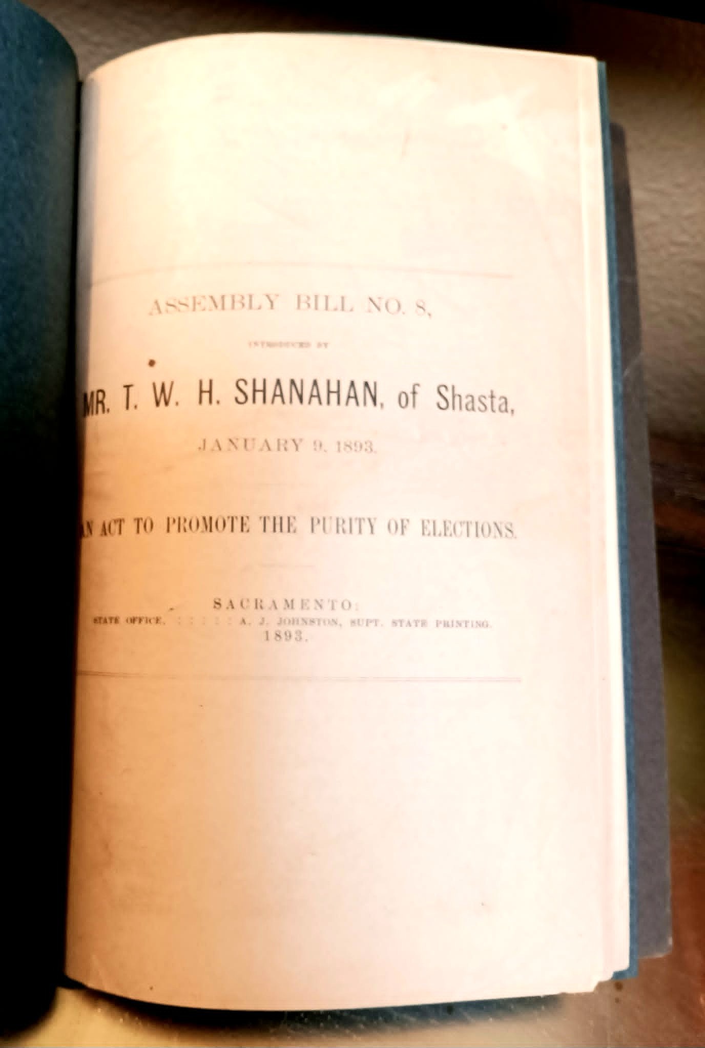 Assembly Bill No. 8, introduced by Mr. T.W.H. Shanahan, of Shasta, January 9, 1893