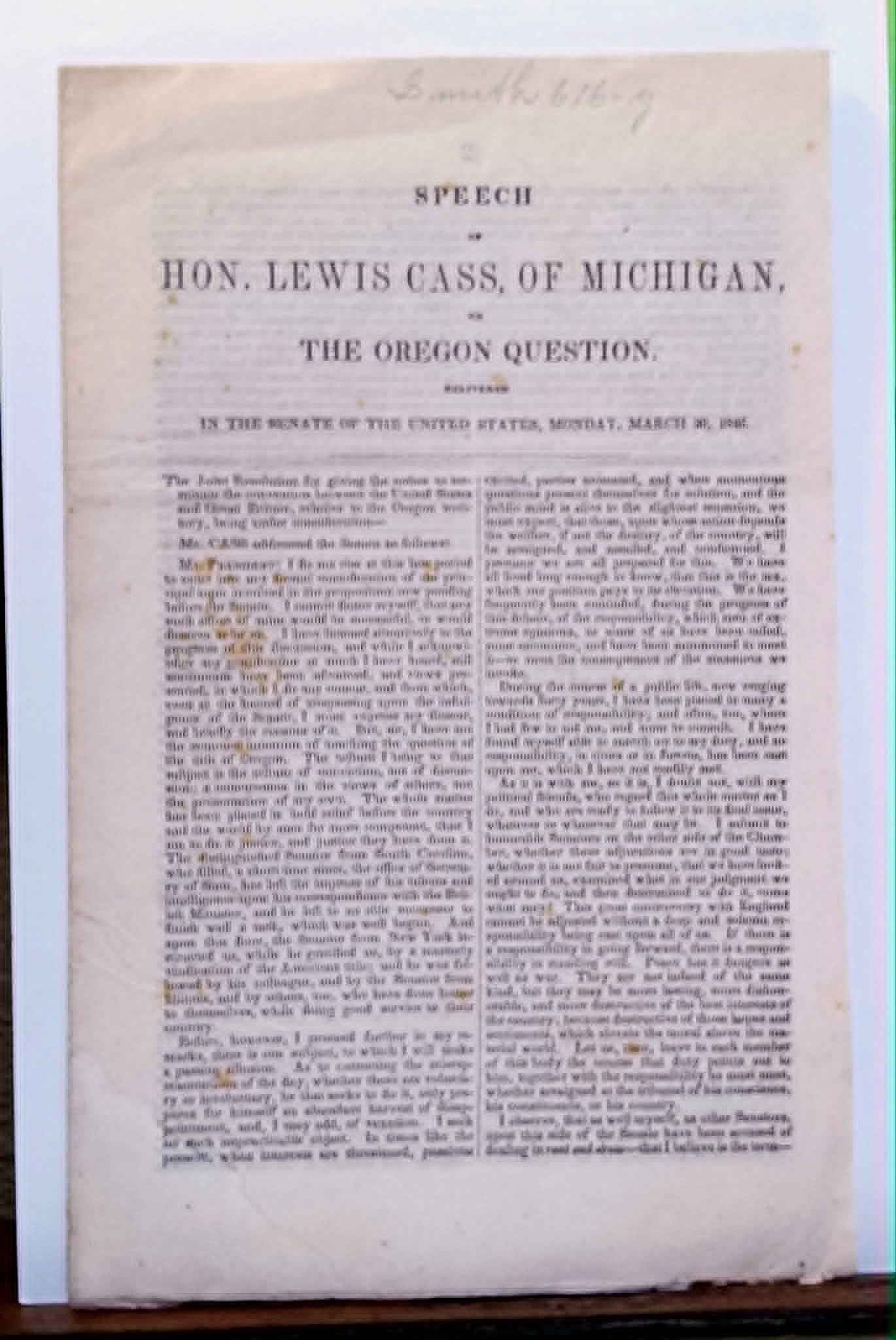 Speech of Hon. Lewis Cass, of Michigan, on The Oregon Question